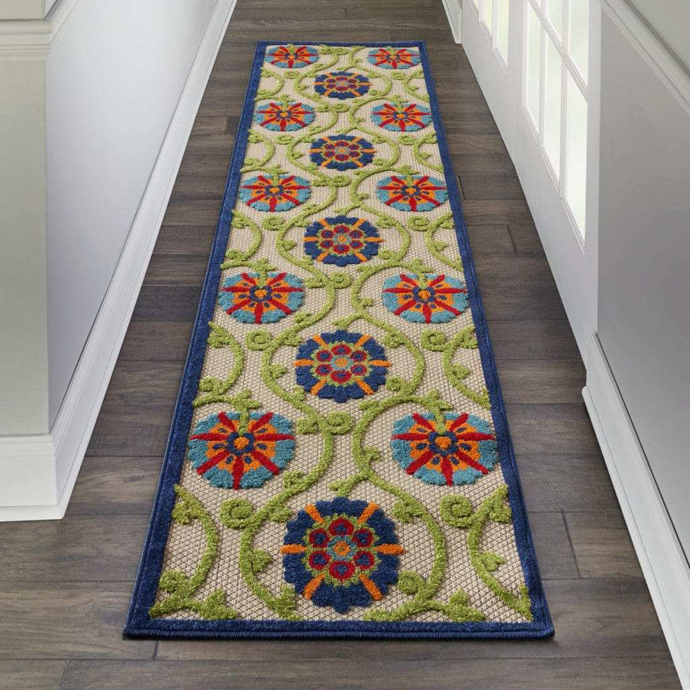 2' X 8' Ivory And Blue Floral Indoor Outdoor Area Rug - Homeroots - Flyclothing LLC