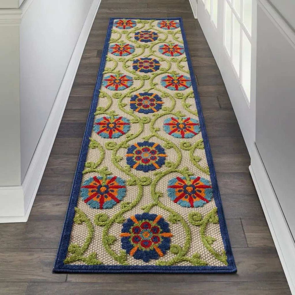 2' X 10' Ivory And Blue Floral Indoor Outdoor Area Rug - Homeroots - Flyclothing LLC