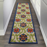 2' X 10' Ivory And Blue Floral Indoor Outdoor Area Rug - Homeroots