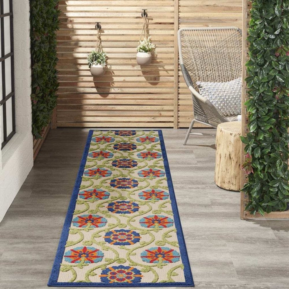 2' X 10' Ivory And Blue Floral Indoor Outdoor Area Rug - Homeroots - Flyclothing LLC