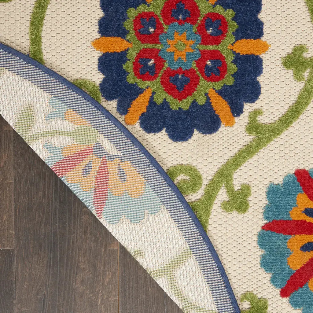4' Round Ivory And Blue Round Floral Indoor Outdoor Area Rug - Homeroots - Flyclothing LLC