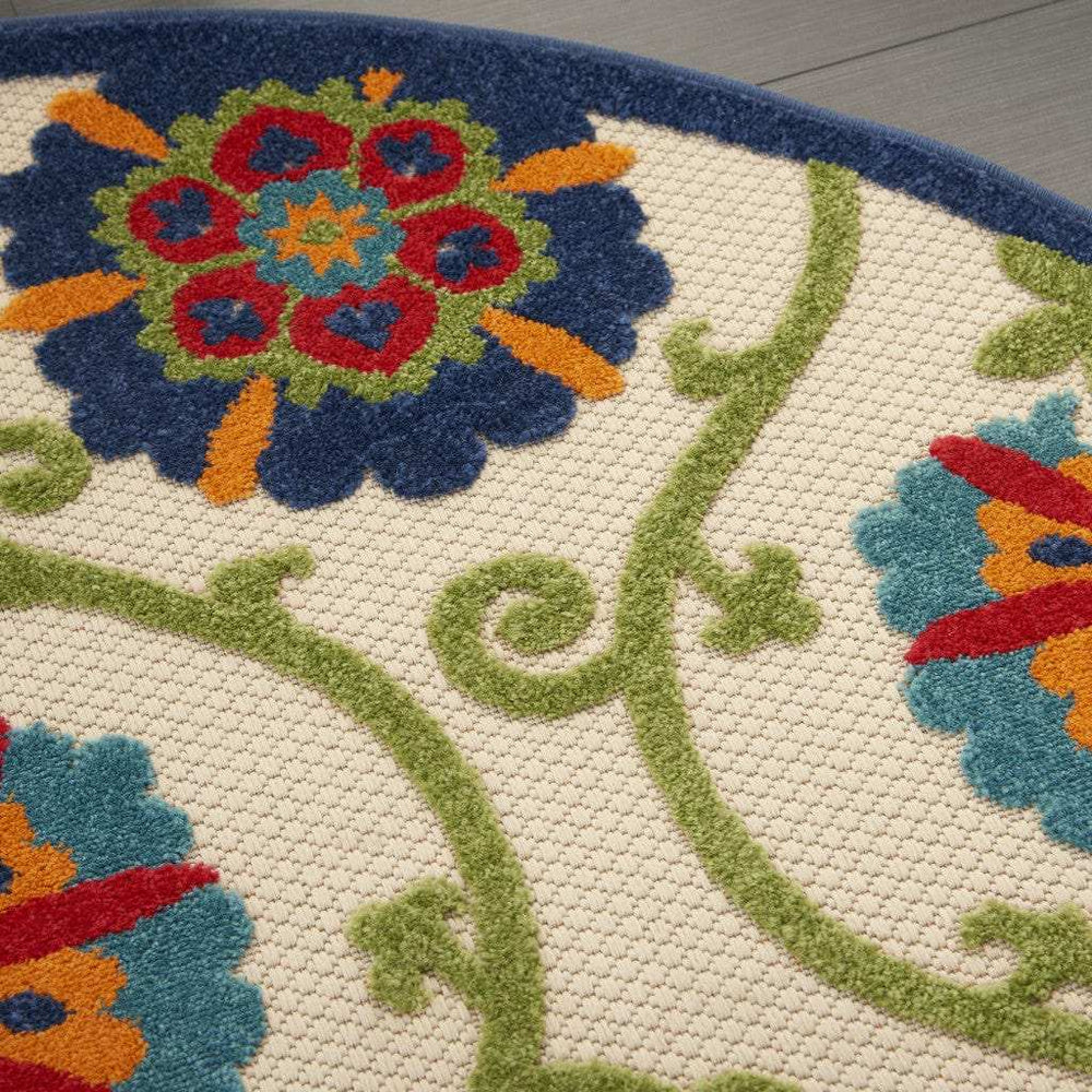 4' Round Ivory And Blue Round Floral Indoor Outdoor Area Rug - Homeroots - Flyclothing LLC