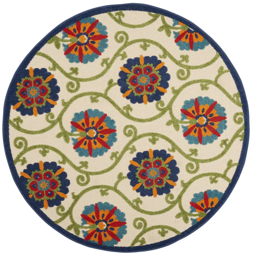 4' Round Ivory And Blue Round Floral Indoor Outdoor Area Rug - Homeroots - Flyclothing LLC