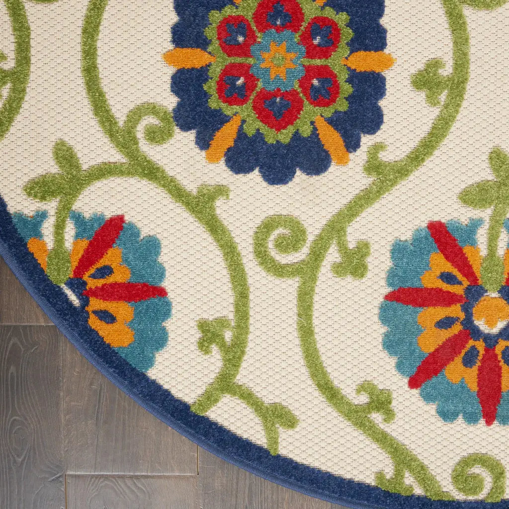 4' Round Ivory And Blue Round Floral Indoor Outdoor Area Rug - Homeroots - Flyclothing LLC