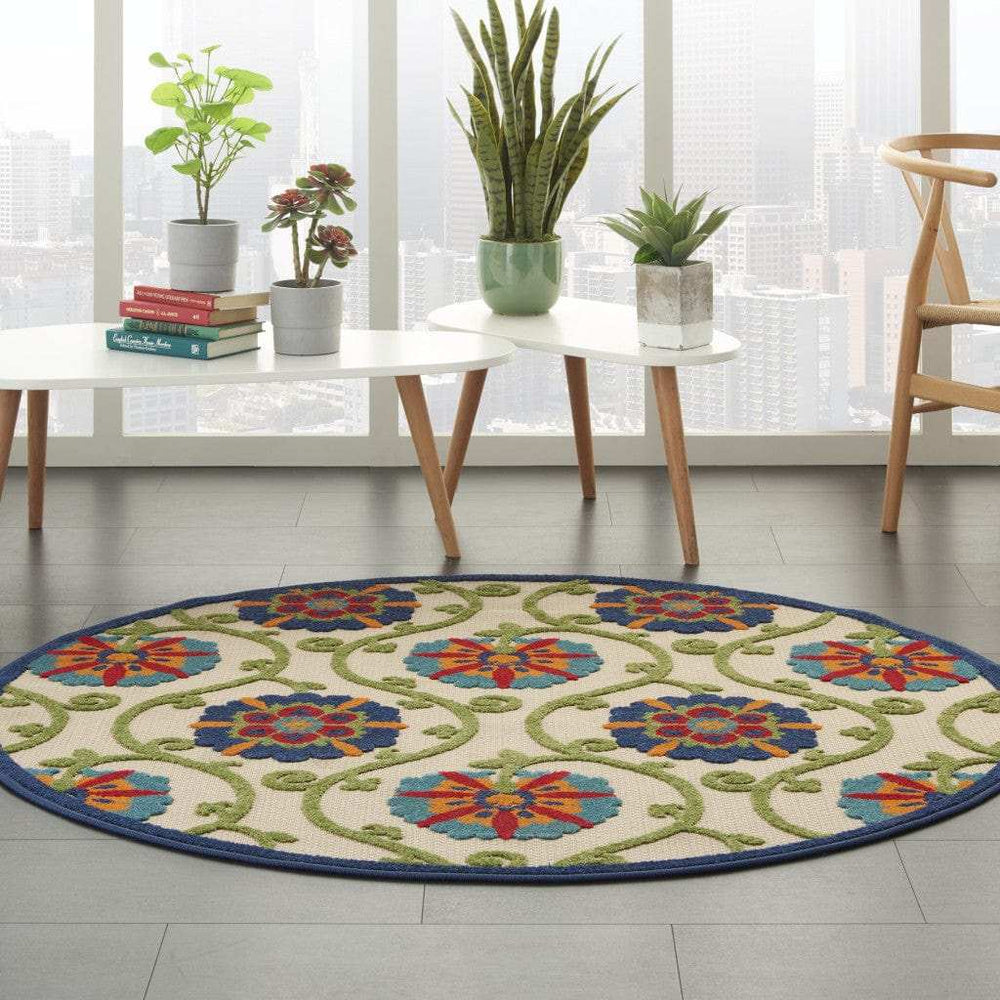 5' Round Ivory And Blue Round Floral Indoor Outdoor Area Rug - Homeroots - Flyclothing LLC