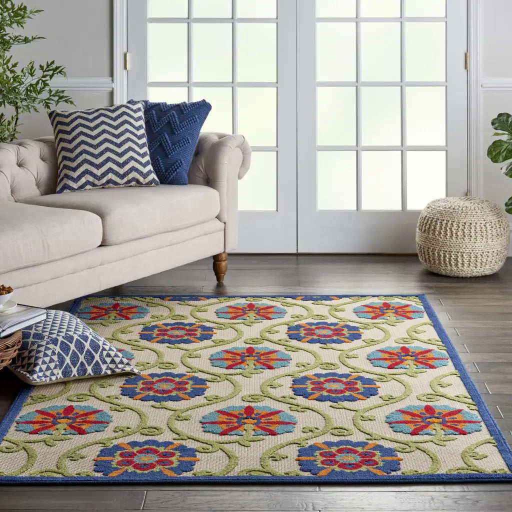 6' X 9' Ivory And Blue Floral Indoor Outdoor Area Rug - Homeroots - Flyclothing LLC