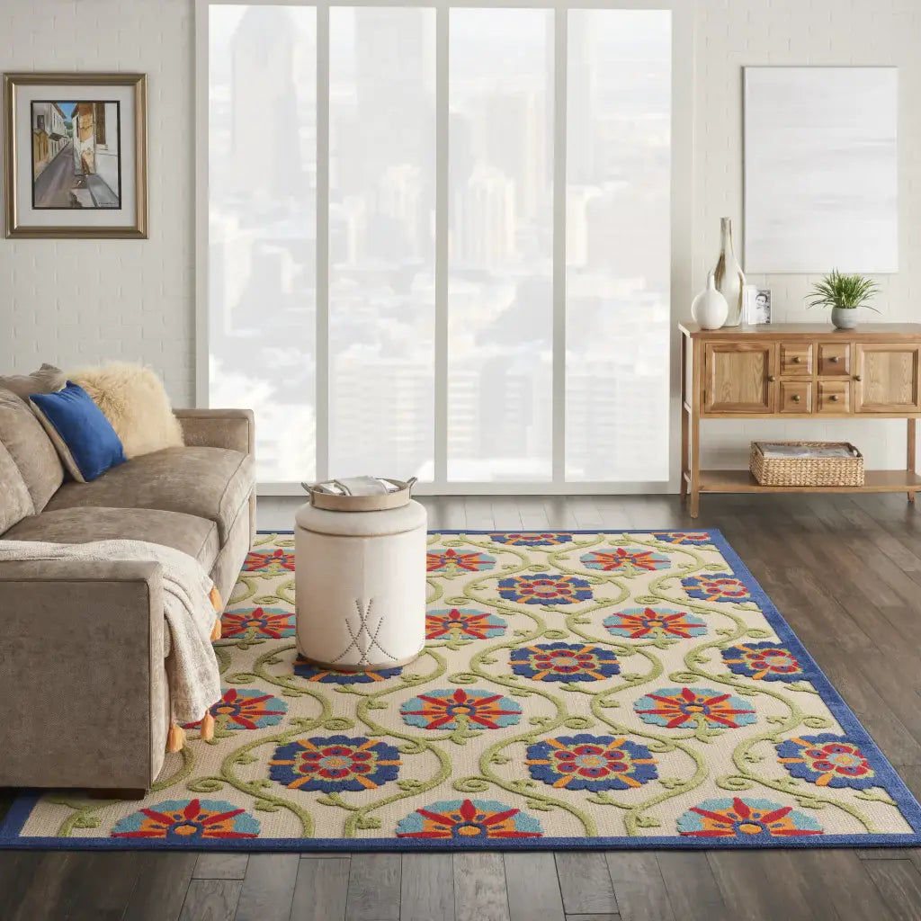 7' X 10' Ivory And Blue Floral Indoor Outdoor Area Rug - Homeroots - Flyclothing LLC