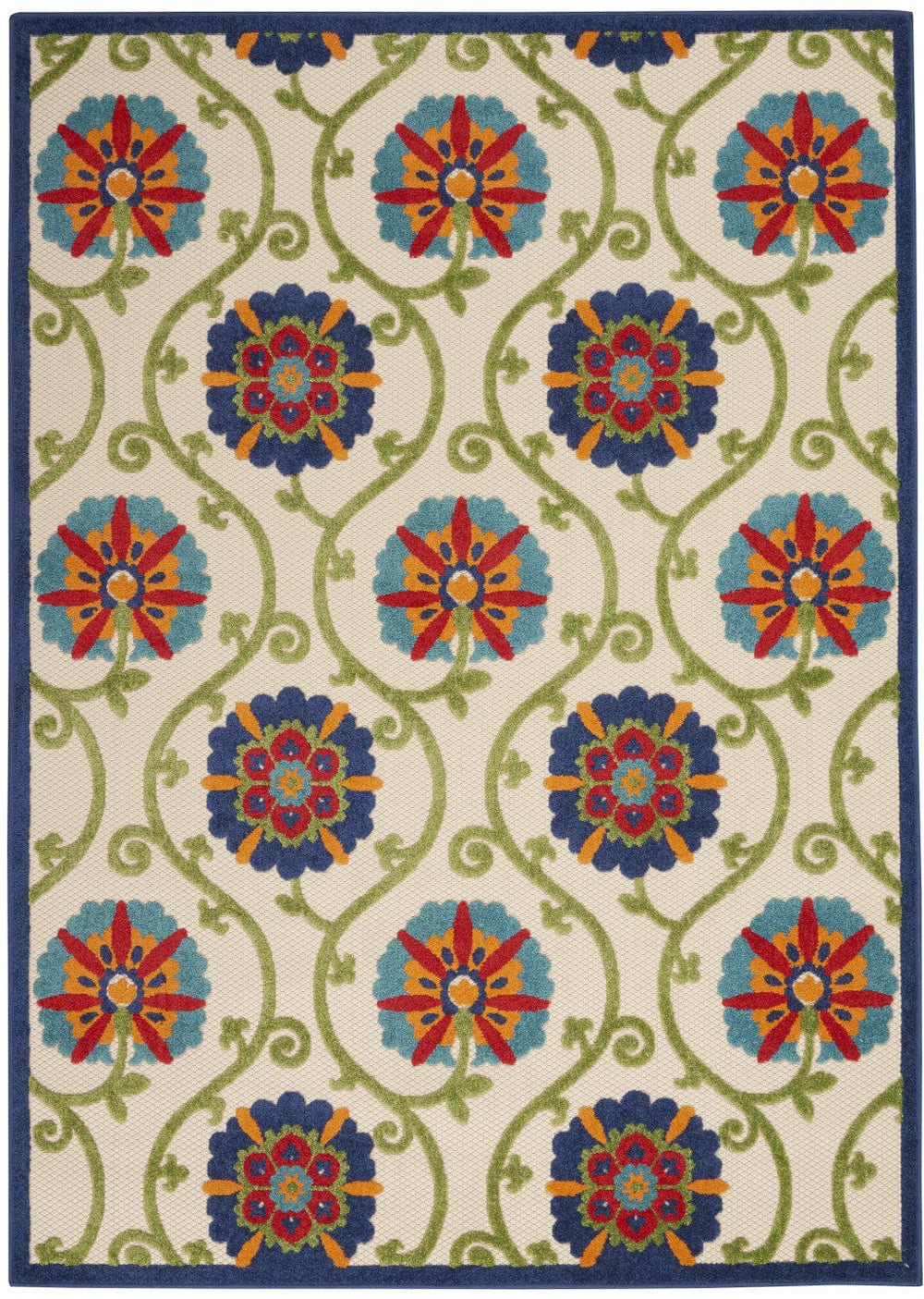 7' X 10' Ivory And Blue Floral Indoor Outdoor Area Rug - Homeroots