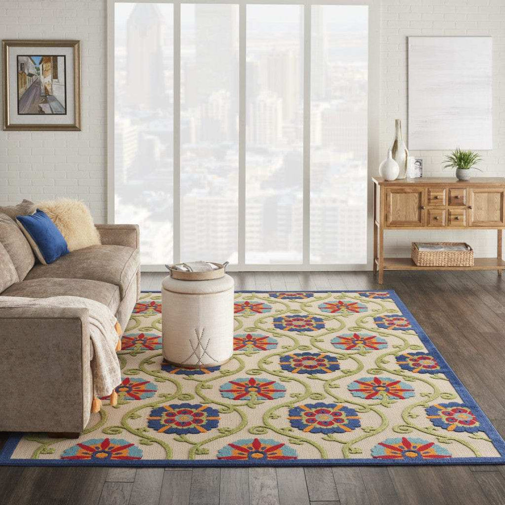 8' X 11' Ivory And Blue Floral Indoor Outdoor Area Rug - Homeroots - Flyclothing LLC