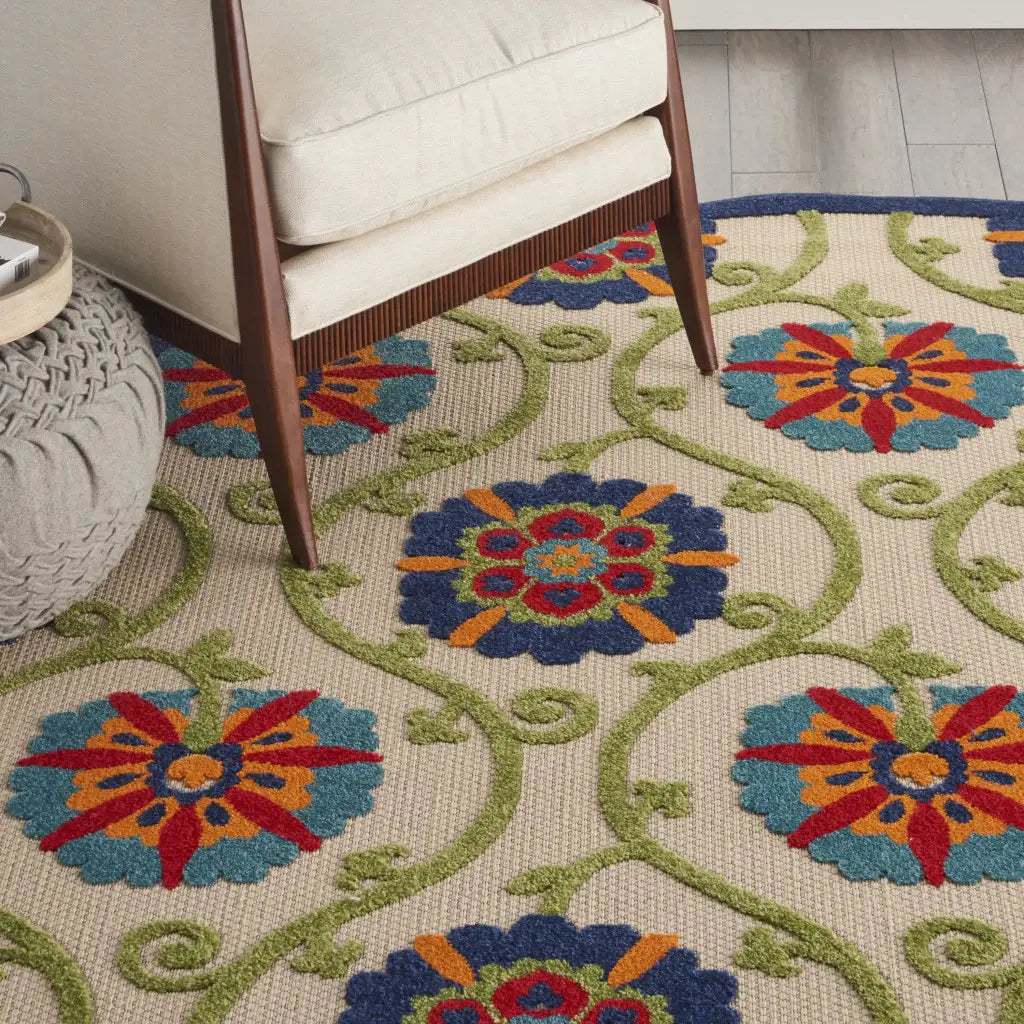 8' Round Ivory And Blue Round Floral Indoor Outdoor Area Rug - Homeroots - Flyclothing LLC
