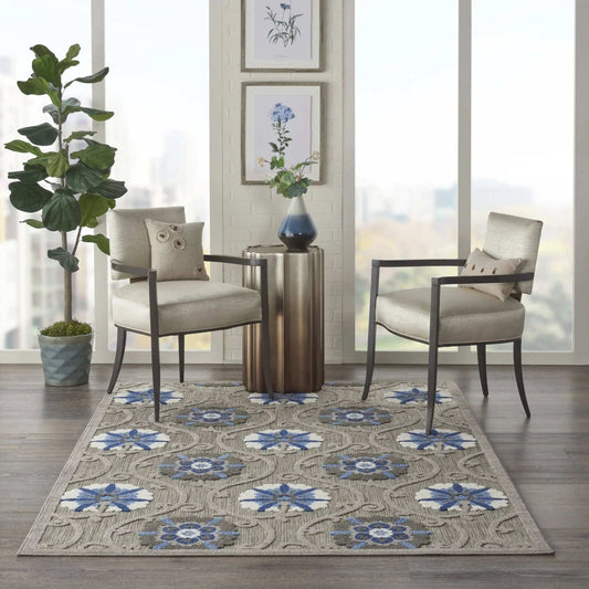 4' X 6' Blue And Gray Floral Indoor Outdoor Area Rug - Homeroots - Flyclothing LLC
