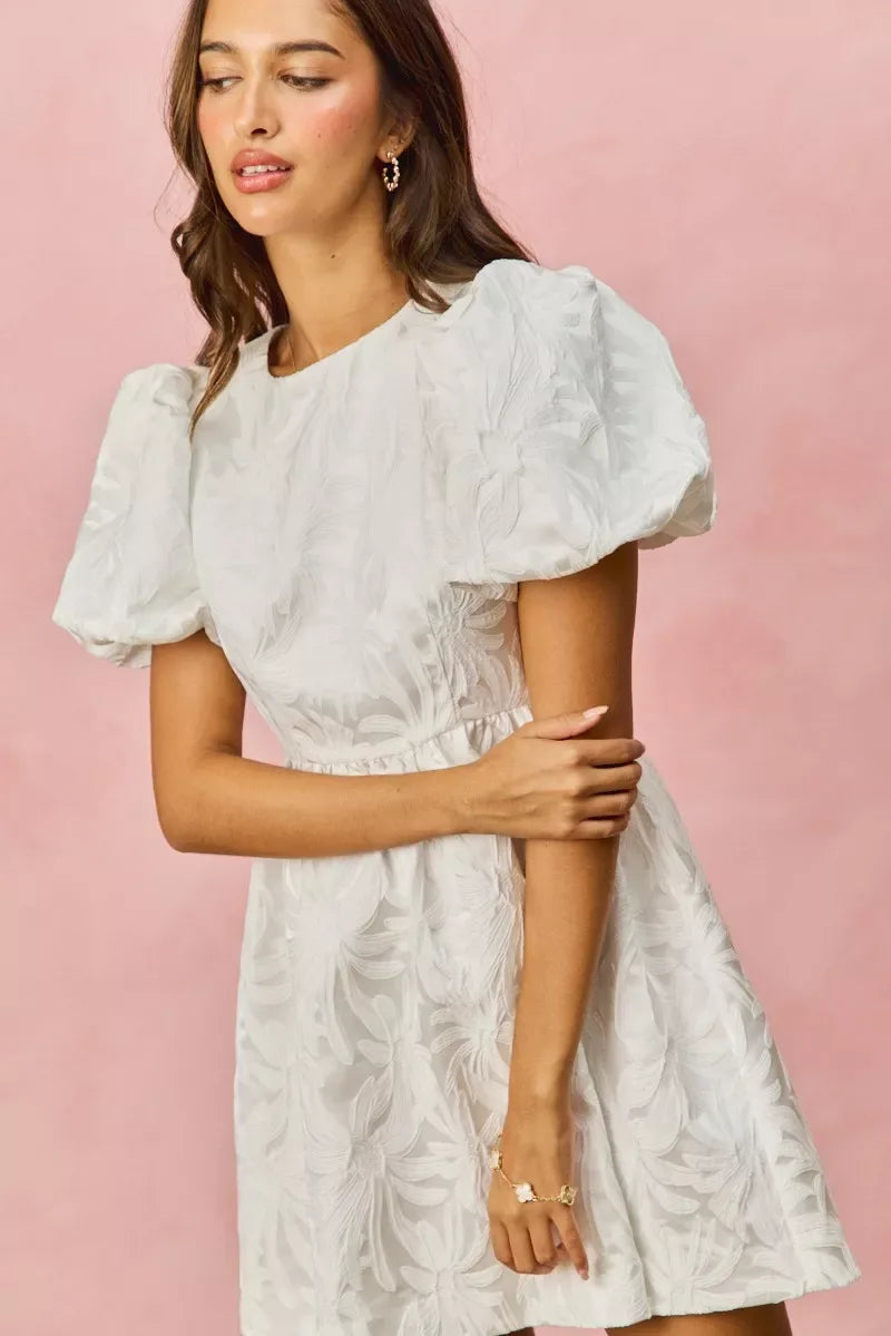 SO ME Floral Jacquard Bubble Shorts Sleeves Mini Dress - Trendsi - Flyclothing LLC