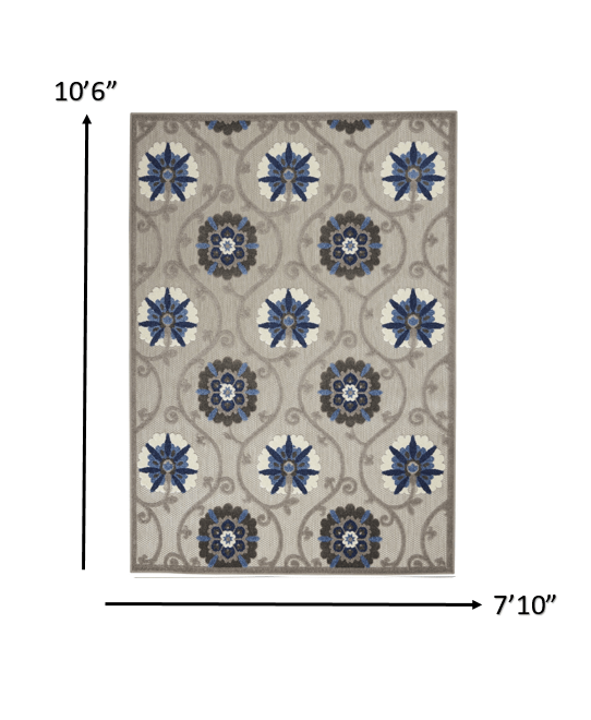 8' X 11' Blue And Gray Floral Indoor Outdoor Area Rug - Homeroots
