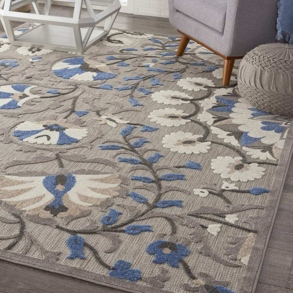 8' X 11' Blue And Gray Floral Indoor Outdoor Area Rug - Homeroots - Flyclothing LLC