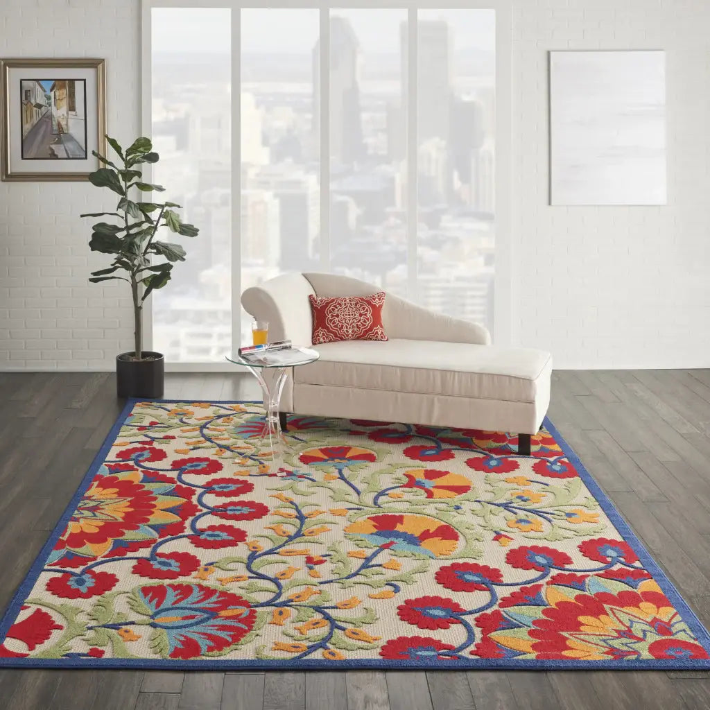 7' X 10' Red And Ivory Floral Indoor Outdoor Area Rug - Homeroots - Flyclothing LLC