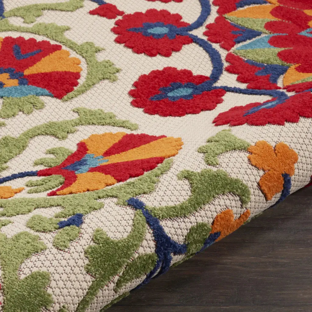 4' Round Red And Ivory Round Floral Indoor Outdoor Area Rug - Homeroots - Flyclothing LLC