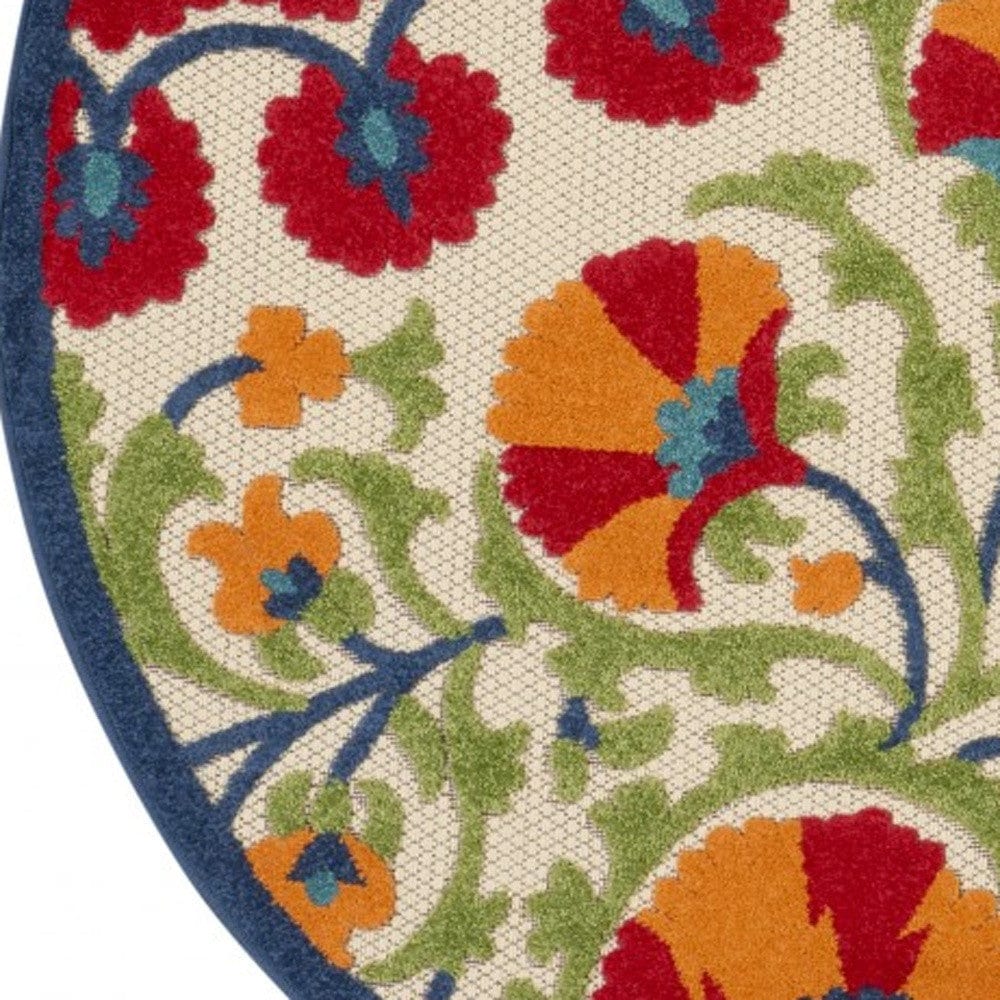 4' Round Red And Ivory Round Floral Indoor Outdoor Area Rug - Homeroots