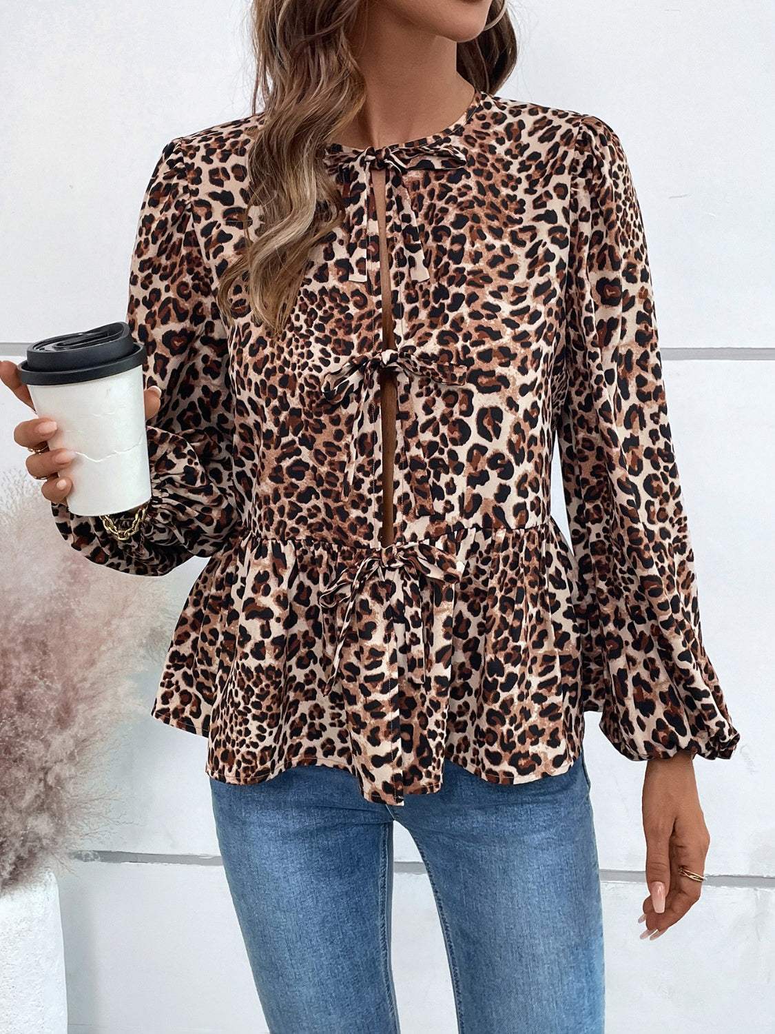Ivy Lane Peplum Tied Long Sleeve Blouse - Trendsi - Flyclothing LLC