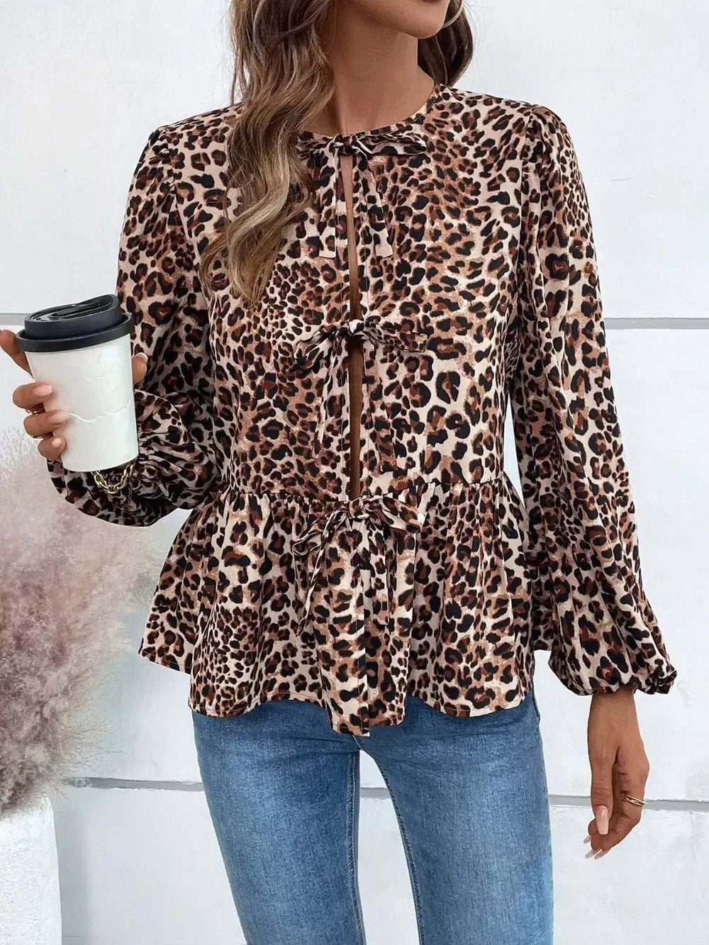 Ivy Lane Peplum Tied Long Sleeve Blouse - Trendsi - Flyclothing LLC
