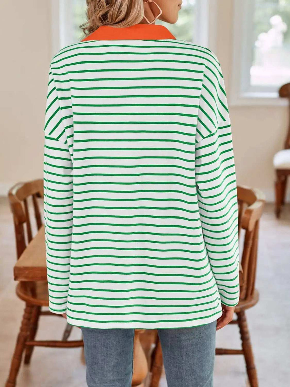 Striped Johnny Collar Long Sleeve T-Shirt - Trendsi - Flyclothing LLC