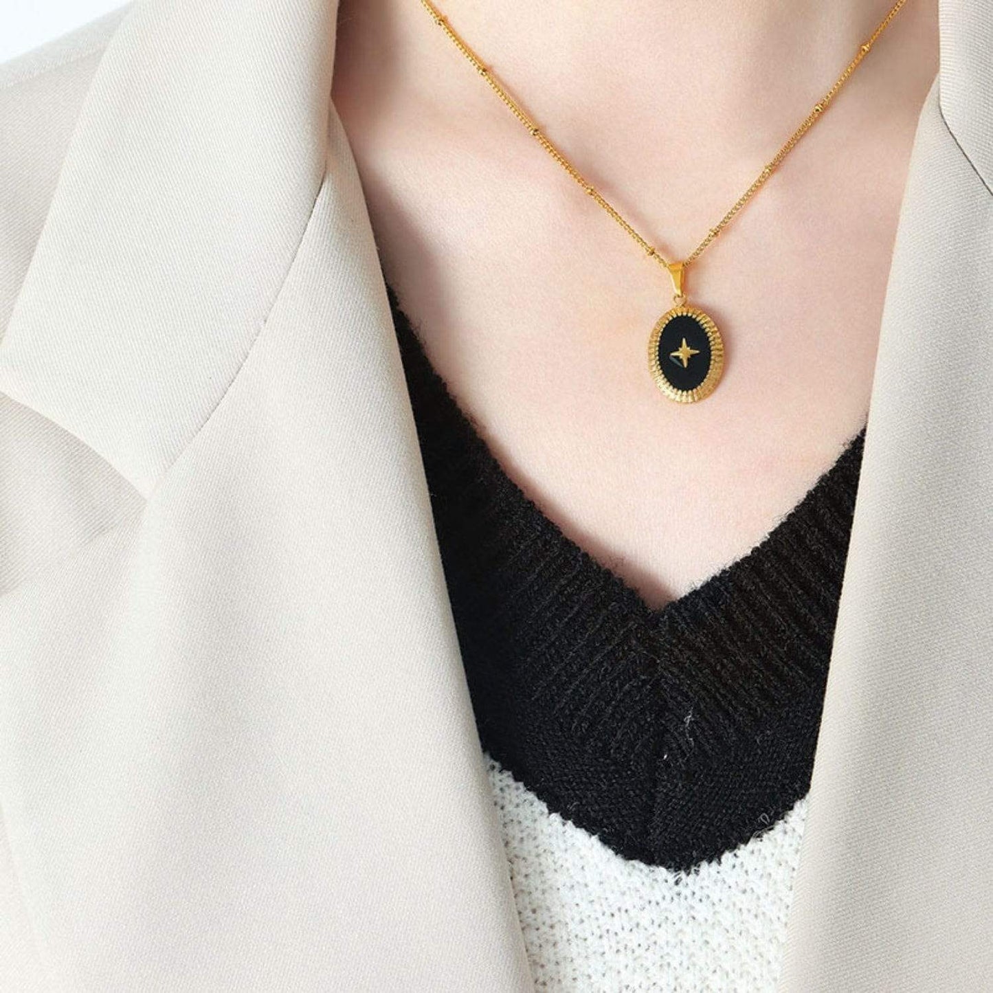 Gold-Plated Titanium Steel Oval Shape Pendant Necklace - Trendsi - Flyclothing LLC