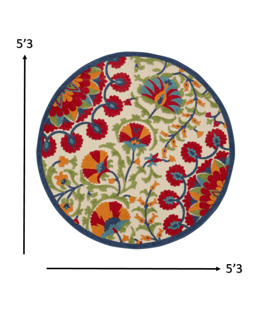 5' Round Red And Ivory Round Floral Indoor Outdoor Area Rug - Homeroots