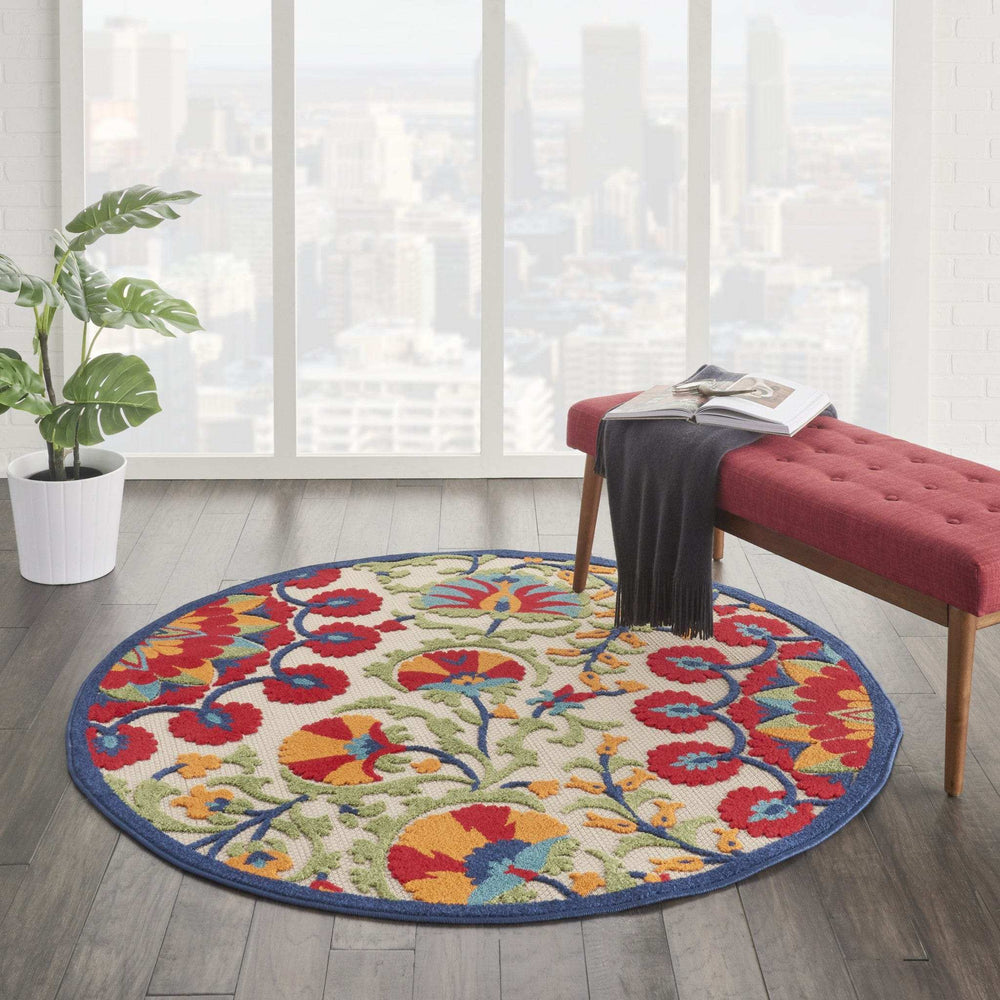 5' Round Red And Ivory Round Floral Indoor Outdoor Area Rug - Homeroots - Flyclothing LLC