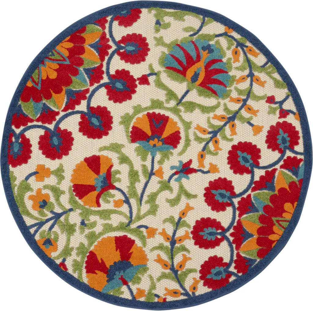 5' Round Red And Ivory Round Floral Indoor Outdoor Area Rug - Homeroots - Flyclothing LLC