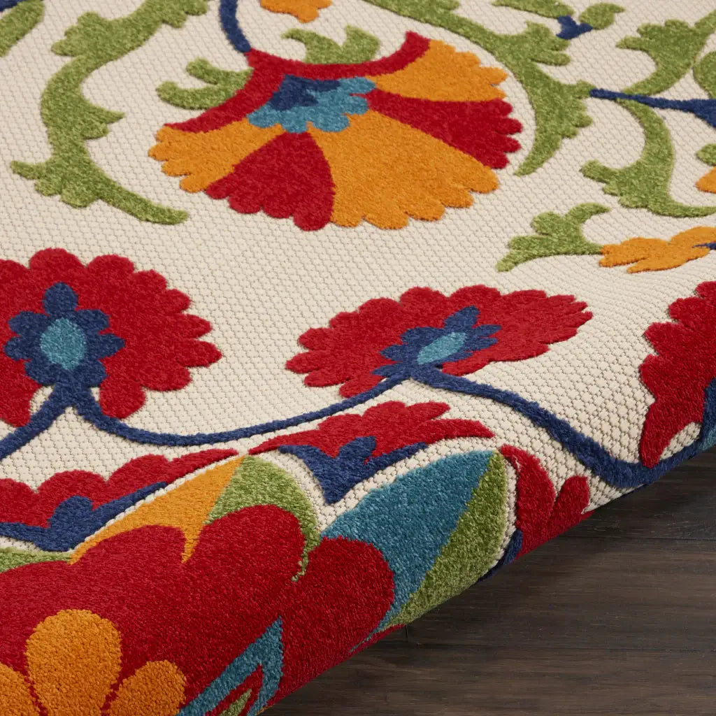 8' Round Red And Ivory Round Floral Indoor Outdoor Area Rug - Homeroots - Flyclothing LLC