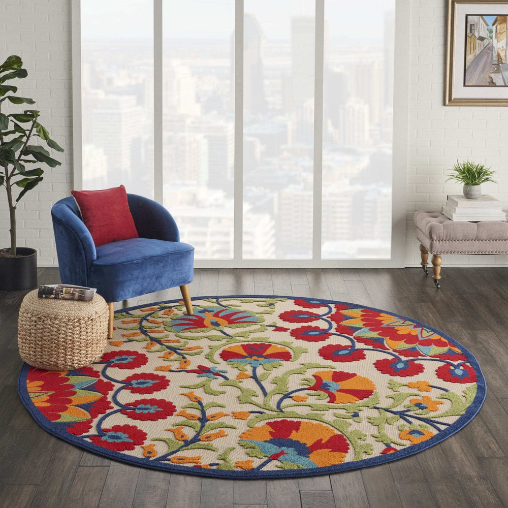 8' Round Red And Ivory Round Floral Indoor Outdoor Area Rug - Homeroots - Flyclothing LLC