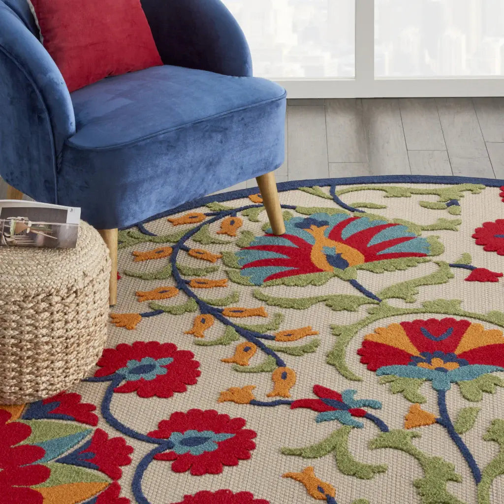 8' Round Red And Ivory Round Floral Indoor Outdoor Area Rug - Homeroots - Flyclothing LLC