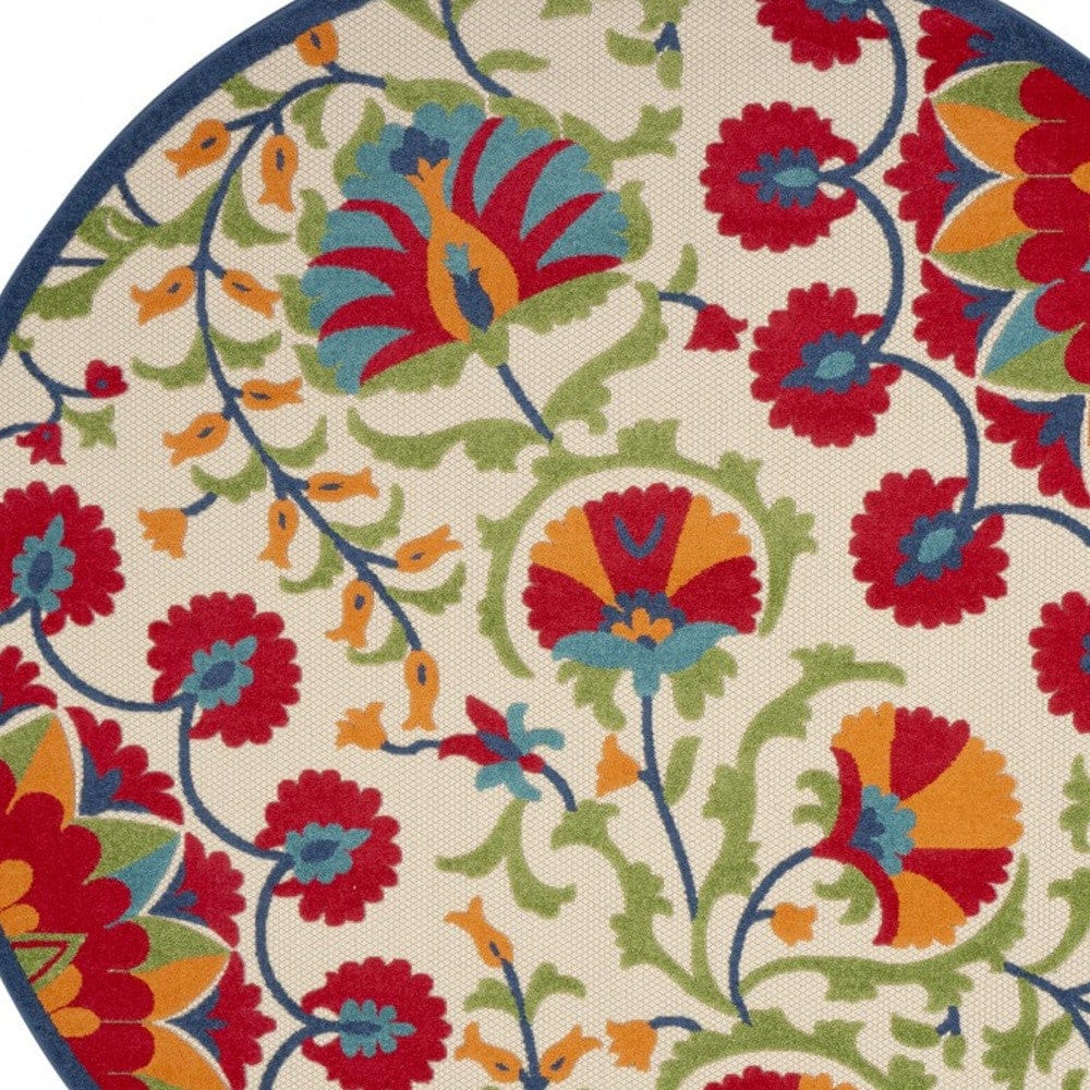 8' Round Red And Ivory Round Floral Indoor Outdoor Area Rug - Homeroots