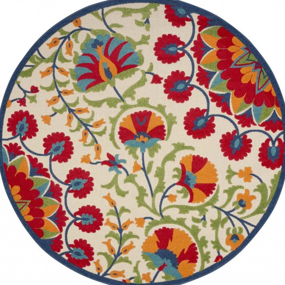 8' Round Red And Ivory Round Floral Indoor Outdoor Area Rug - Homeroots - Flyclothing LLC