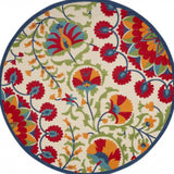 8' Round Red And Ivory Round Floral Indoor Outdoor Area Rug - Homeroots