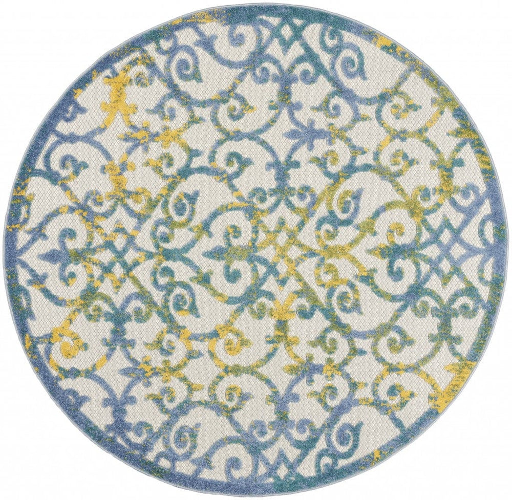 4' Round Ivory And Blue Round Floral Indoor Outdoor Area Rug - Homeroots