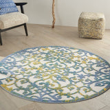 4' Round Ivory And Blue Round Floral Indoor Outdoor Area Rug - Homeroots