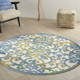 5' Round Ivory And Blue Round Floral Indoor Outdoor Area Rug - Homeroots - Flyclothing LLC