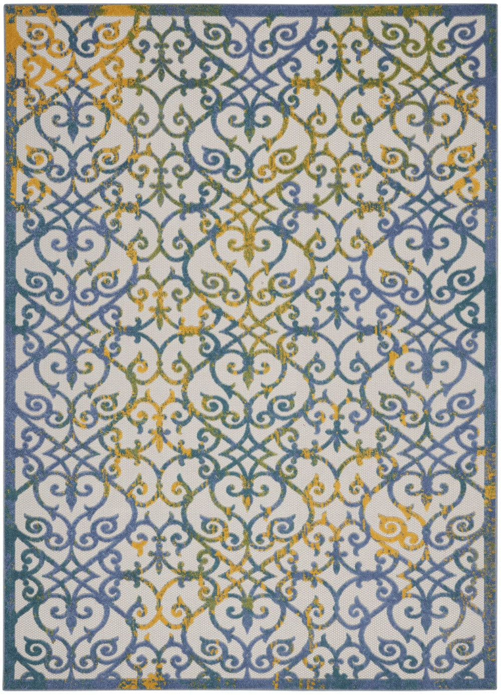 7' X 10' Ivory And Blue Floral Indoor Outdoor Area Rug - Homeroots