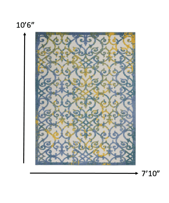 8' X 11' Ivory And Blue Floral Indoor Outdoor Area Rug - Homeroots