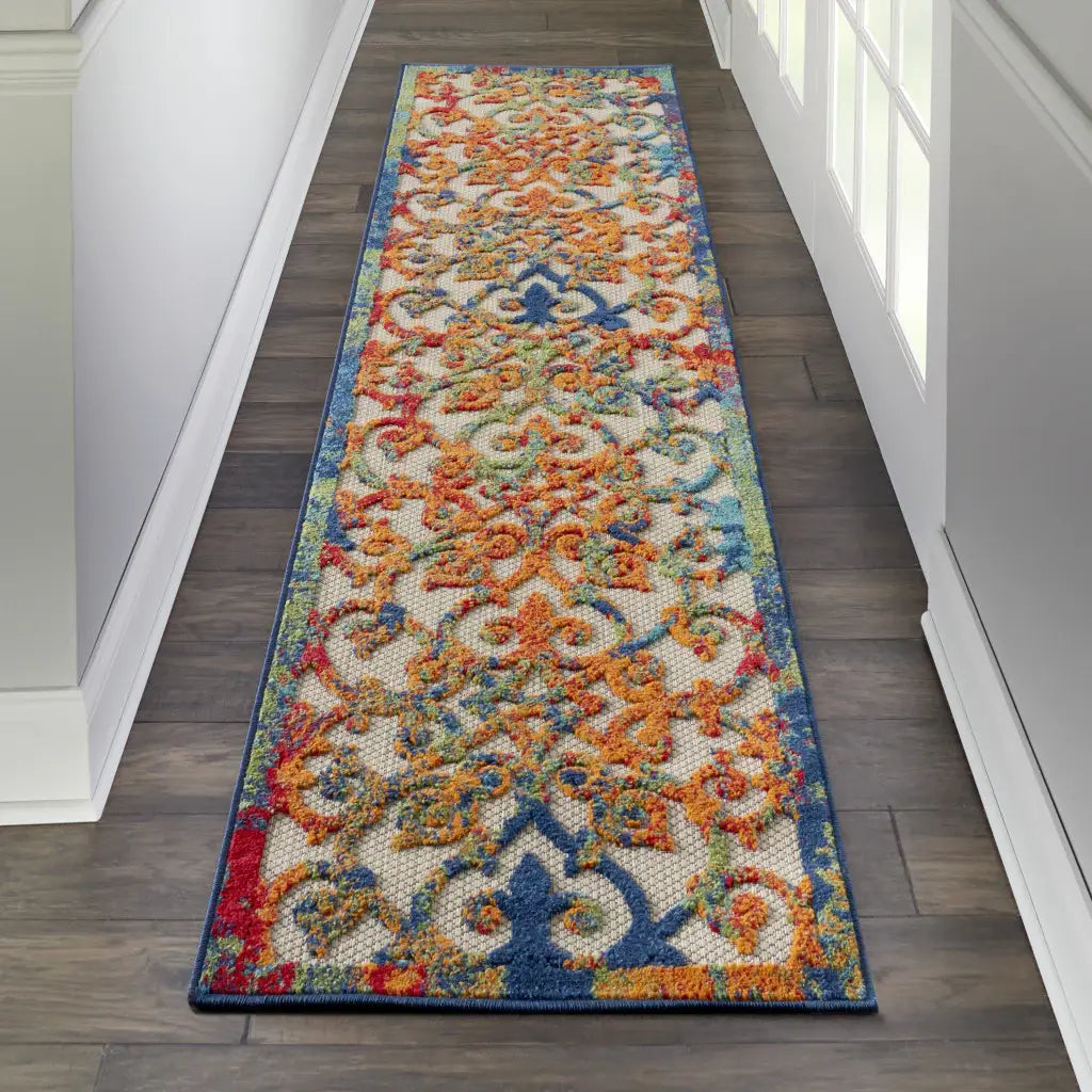 2' X 8' Ivory And Blue Floral Indoor Outdoor Area Rug - Homeroots - Flyclothing LLC