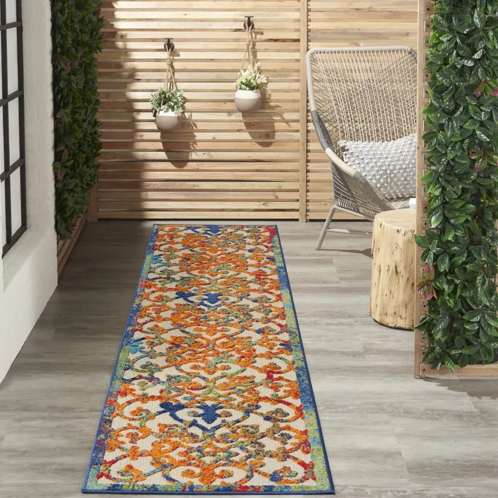 2' X 10' Ivory And Blue Floral Indoor Outdoor Area Rug - Homeroots - Flyclothing LLC
