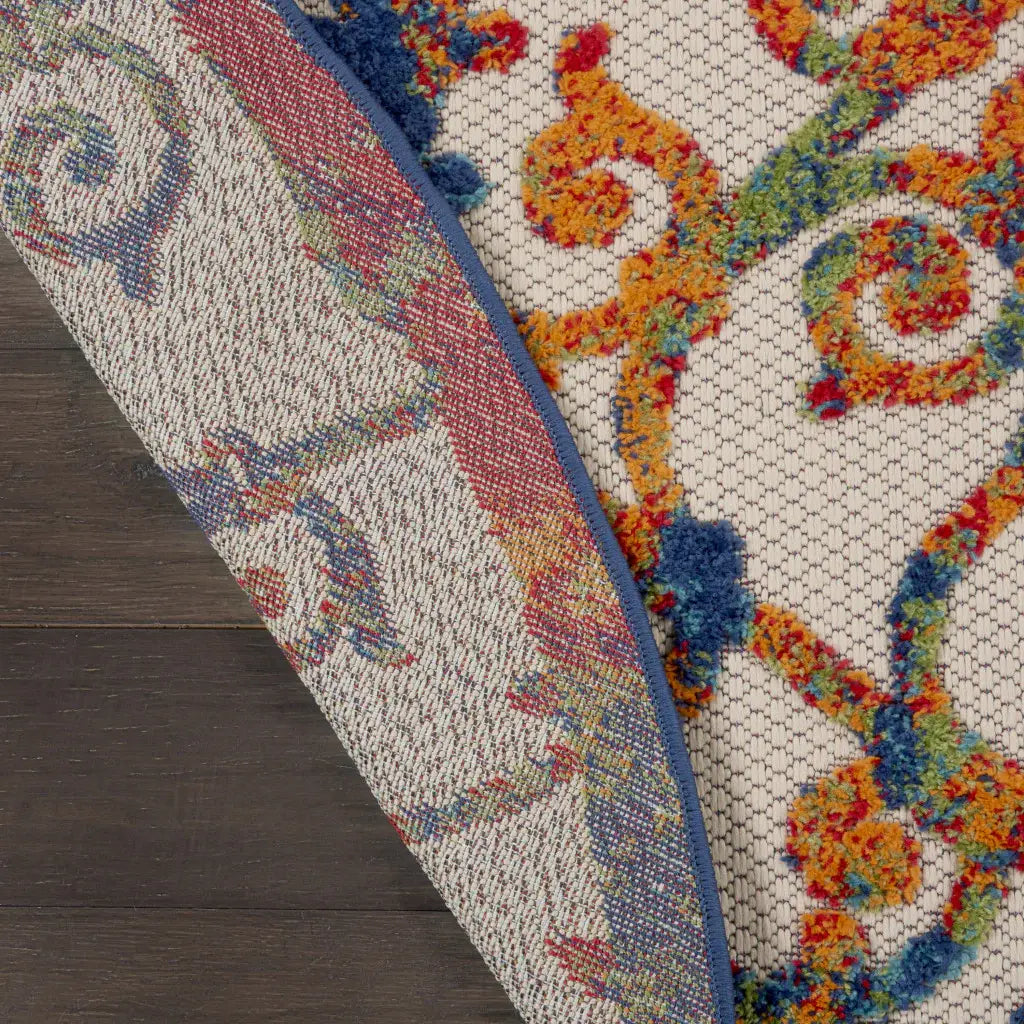 4' Round Ivory And Blue Round Floral Indoor Outdoor Area Rug - Homeroots - Flyclothing LLC