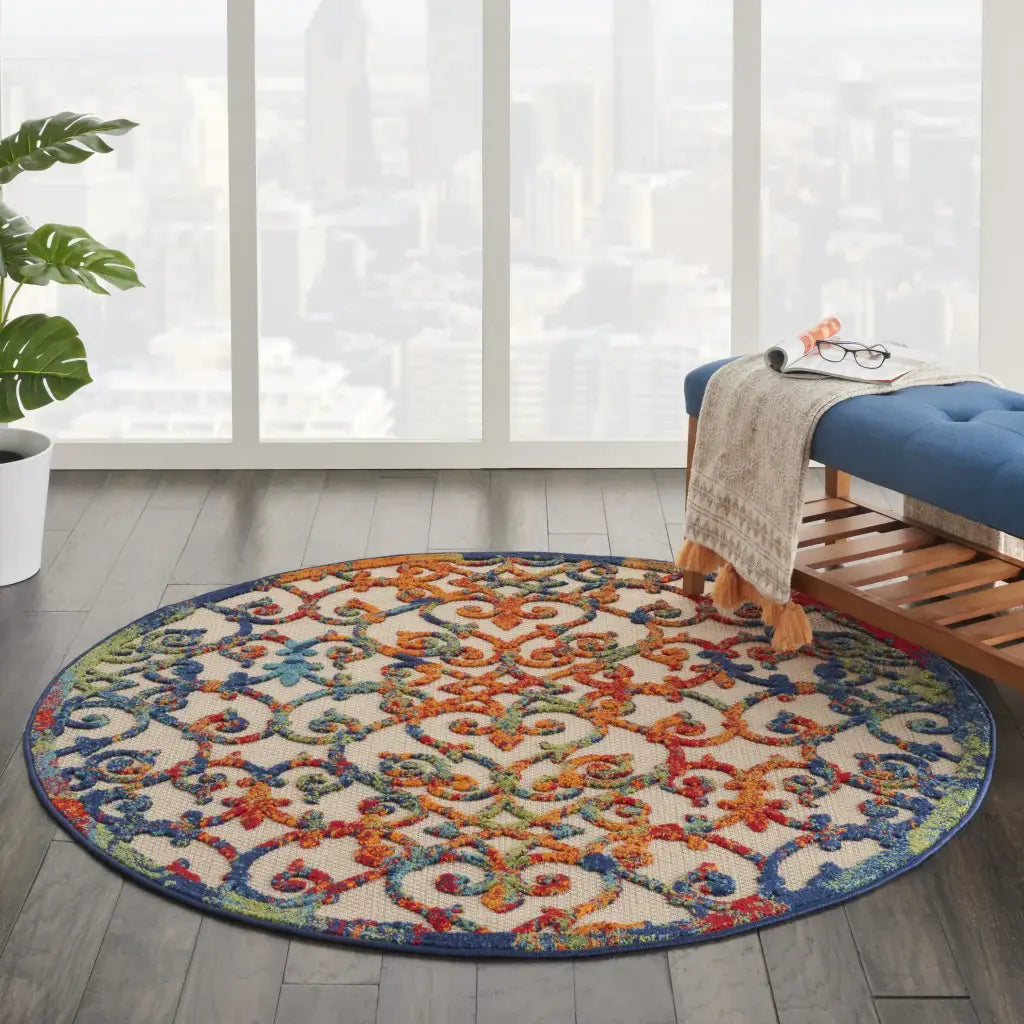 4' Round Ivory And Blue Round Floral Indoor Outdoor Area Rug - Homeroots - Flyclothing LLC