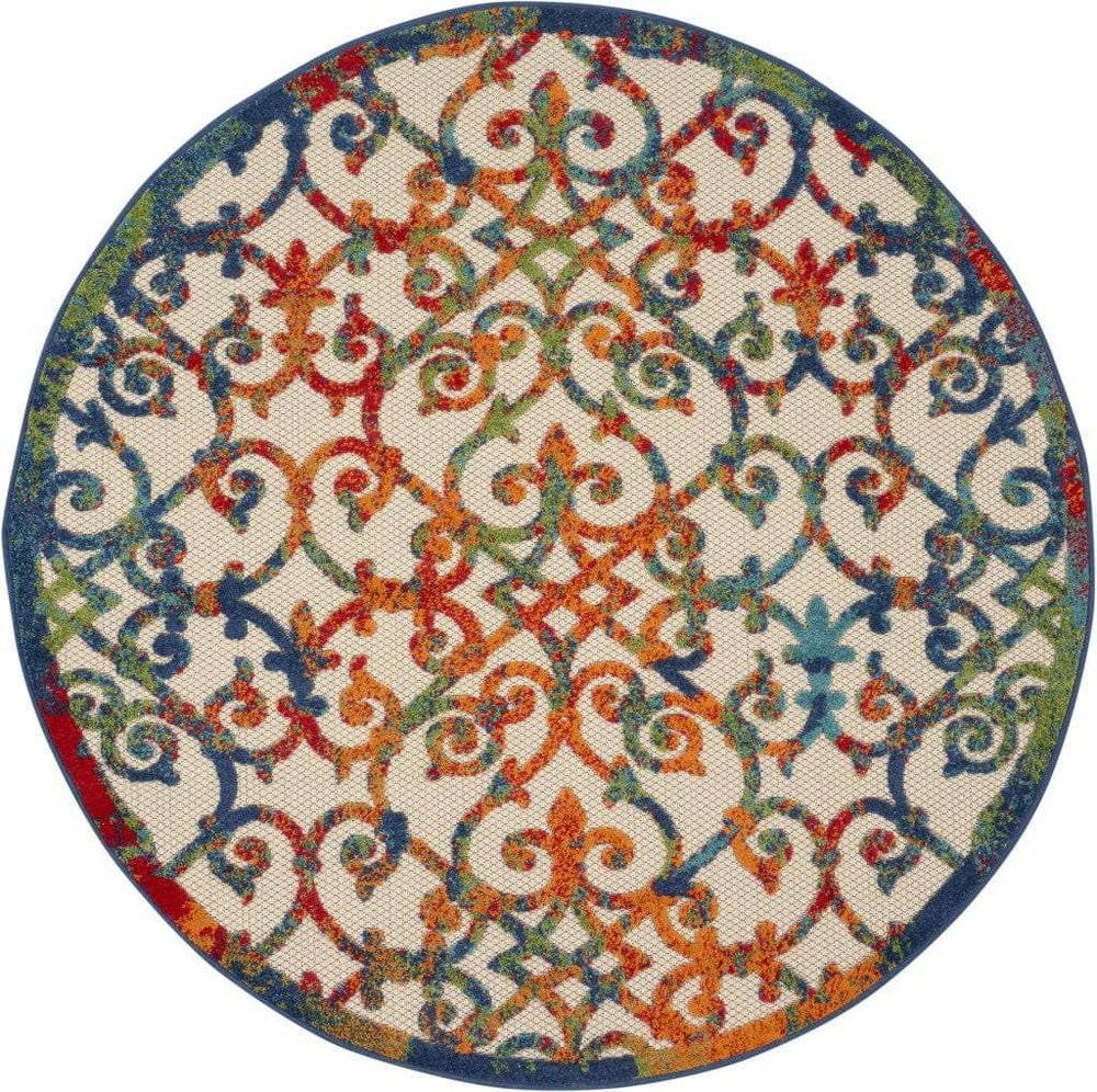 4' Round Ivory And Blue Round Floral Indoor Outdoor Area Rug - Homeroots