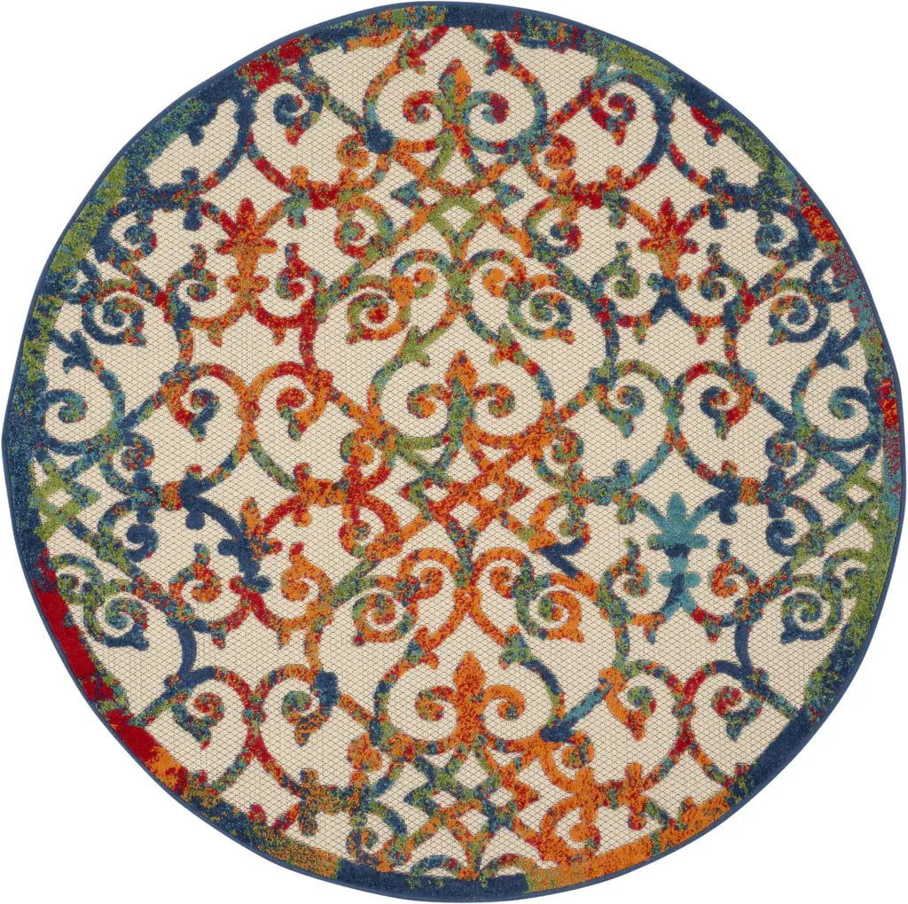 5' Round Ivory And Blue Round Floral Indoor Outdoor Area Rug - Homeroots - Flyclothing LLC