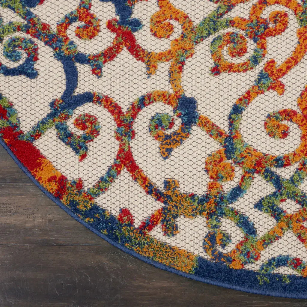 5' Round Ivory And Blue Round Floral Indoor Outdoor Area Rug - Homeroots - Flyclothing LLC