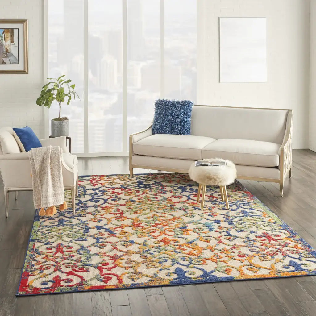 7' X 10' Ivory And Blue Floral Indoor Outdoor Area Rug - Homeroots - Flyclothing LLC