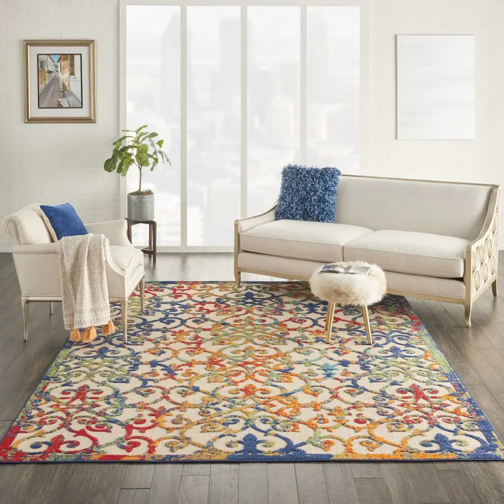 7' X 10' Ivory And Blue Floral Indoor Outdoor Area Rug - Homeroots - Flyclothing LLC
