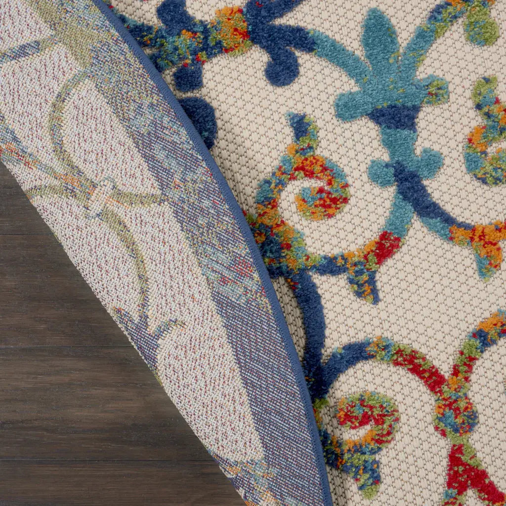 8' Round Ivory And Blue Round Floral Indoor Outdoor Area Rug - Homeroots - Flyclothing LLC