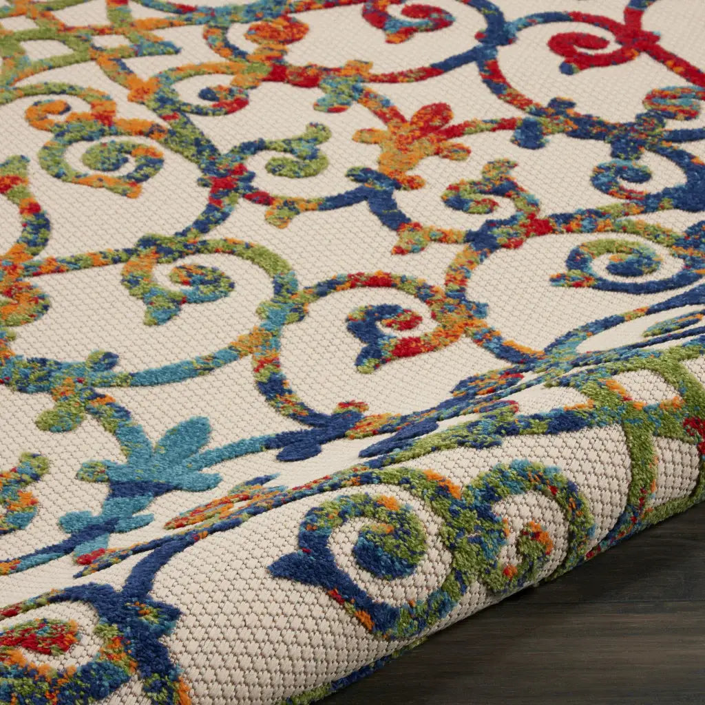 8' Round Ivory And Blue Round Floral Indoor Outdoor Area Rug - Homeroots - Flyclothing LLC